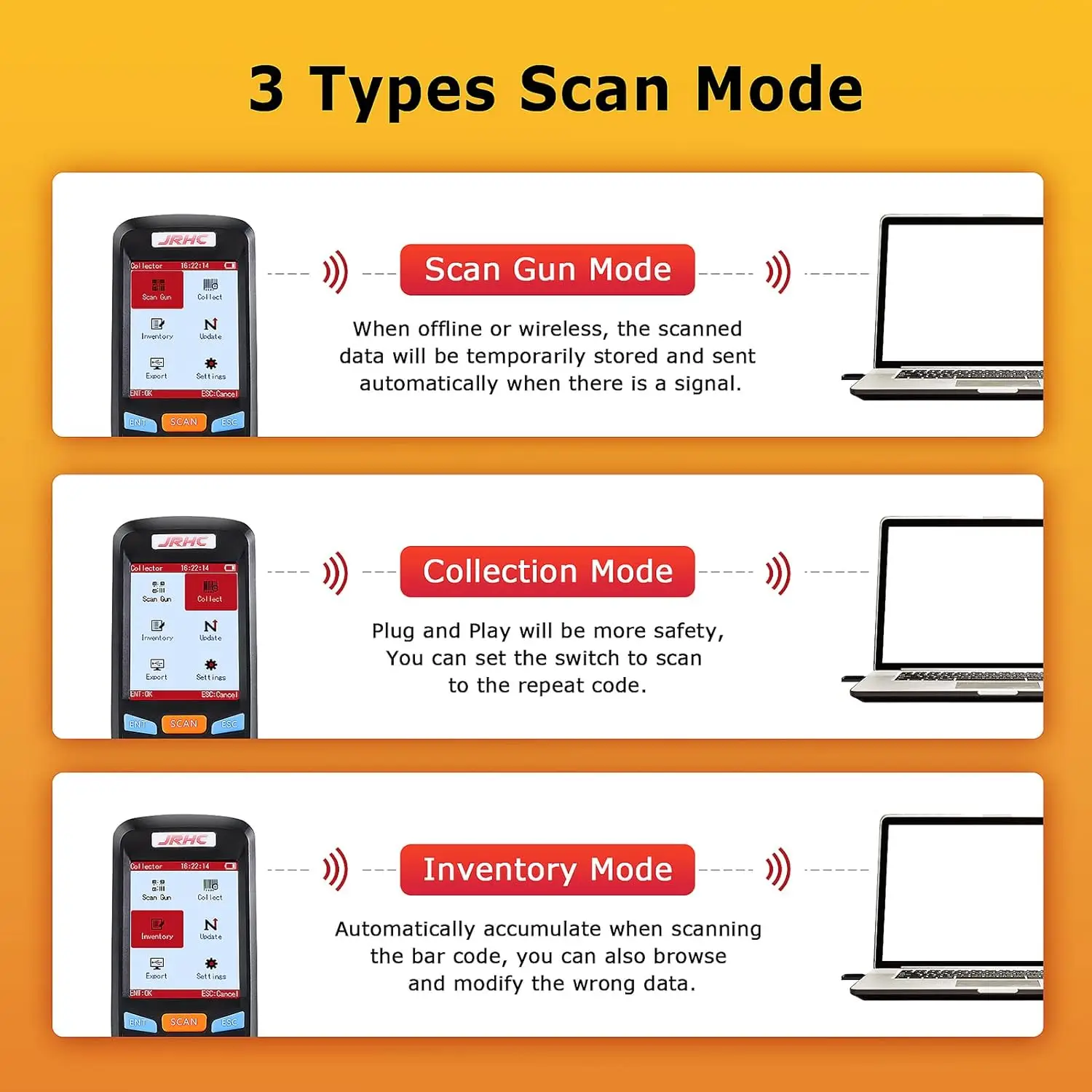 JRHC Wireless 2D Inventory Scanner QR Barcode Scanner Data Collector Portable Data Terminal Inventory Device 2.8" LCD Screen