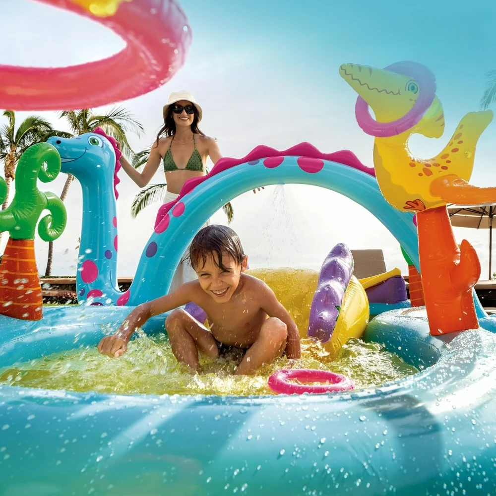 

Bundled Inflatable Splash Play Center and Air Pump Splash Pool Set, Above Ground Swimming Pool with water Slide
