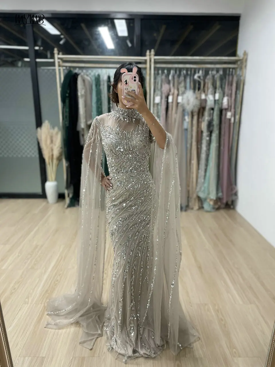 MYMB Champagner-Meerjungfrau-Perlen, elegante und hübsche Damenkleider 2025, neue muslimische lange Ärmel, Brautkleider für die Brautmutter – Detail 7