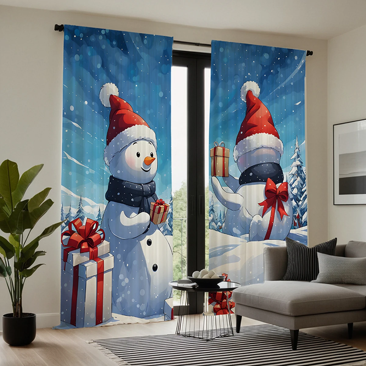 2pcs set HD Christmas gift snowman decoration curtain Blue tie digital printed curtain Home decoration style Decoration livin 4