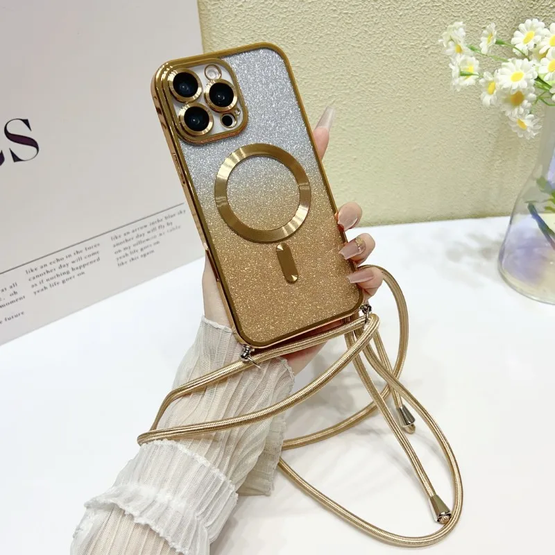 Magnetic Crossbody Glitter Plating Strap Case with Wireless Charging Capability