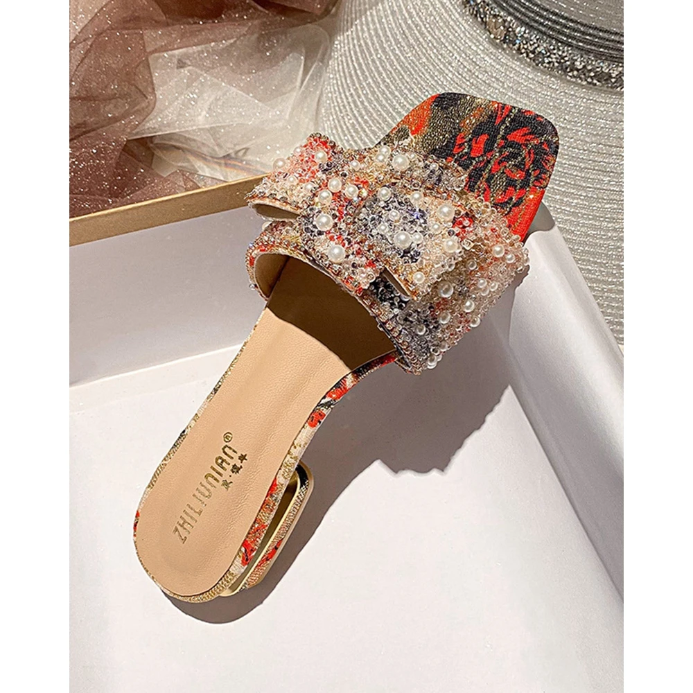 Summer Women Rhinestone Beaded  Decor Flat Slippers Peep Toe Casual Outdoor Slippers Spring Going Out Beach Shoes Zapatos Mujer