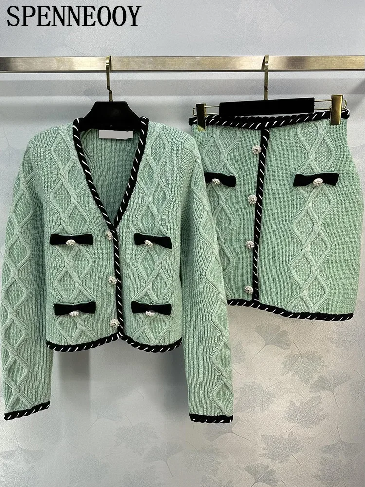 

Fashion Designer Spring Turquoise Half Skirt Suit Women V-Neck Loose Cardigan+Slim Pencil Skirt Knitting 2 Pieces Set