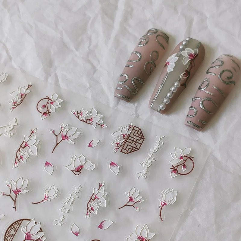 

1Pcs 5D Embossed Relief Flower Nail Art Stickers Self Adhesive White Magnolia Slider Press On Nails Manicure Decoration ﻿Decals