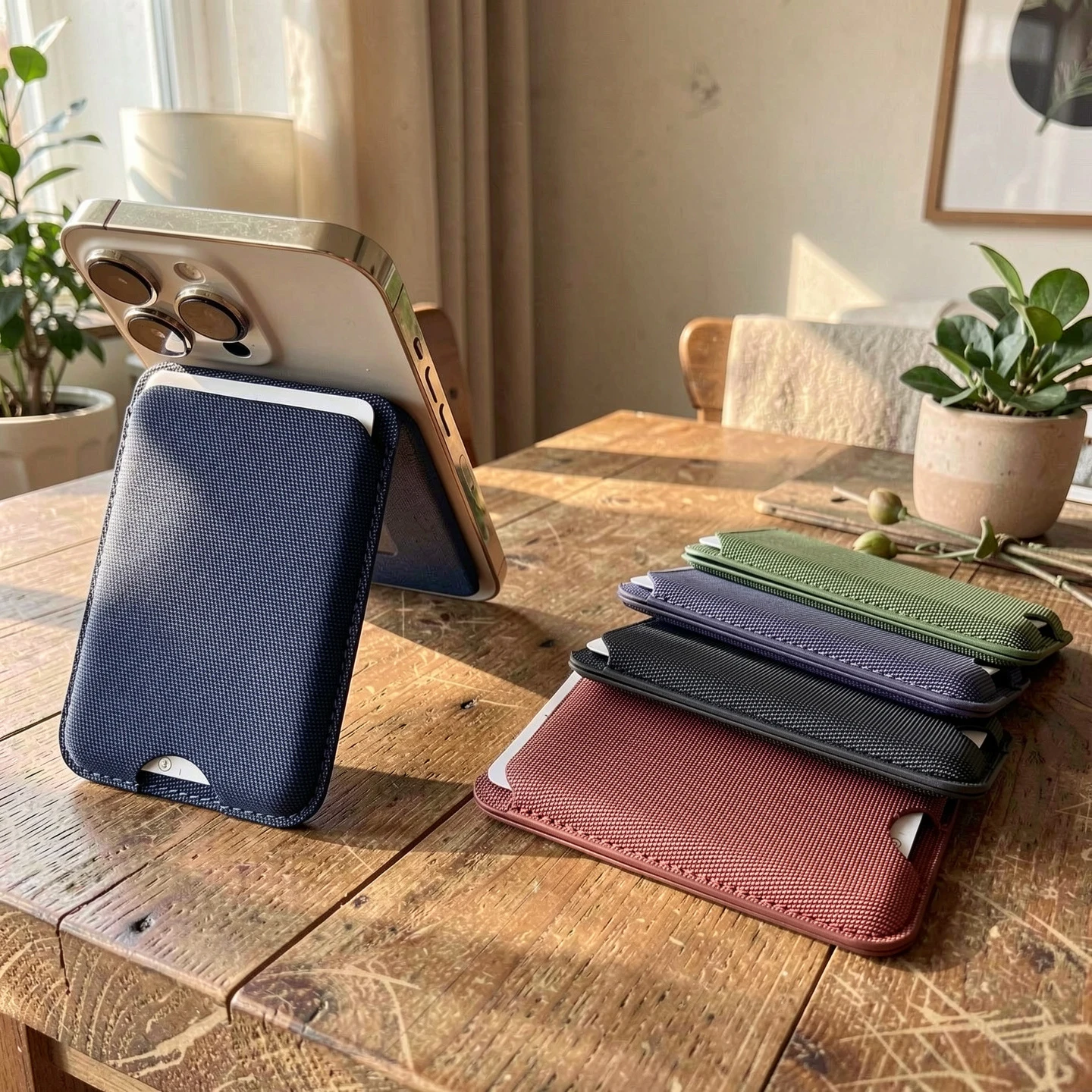Magnetic Card Holder Wallet Clip with Tech Leather & Fabric - Universal Phone Case Stand