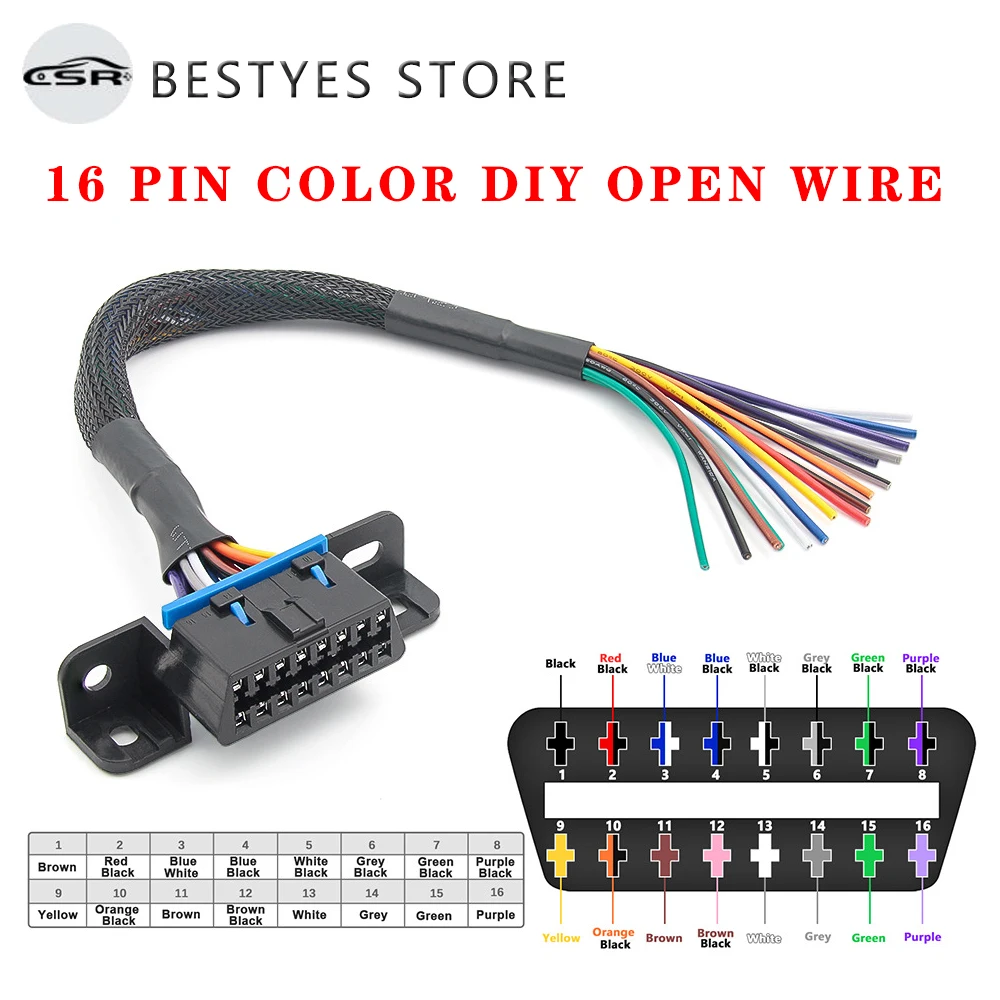 

OBD2 Female to Color Bare Wire 16 Pin OBDII Open Cable 30cm DIY Extension Cable 16 Pin OBDII Open Cable