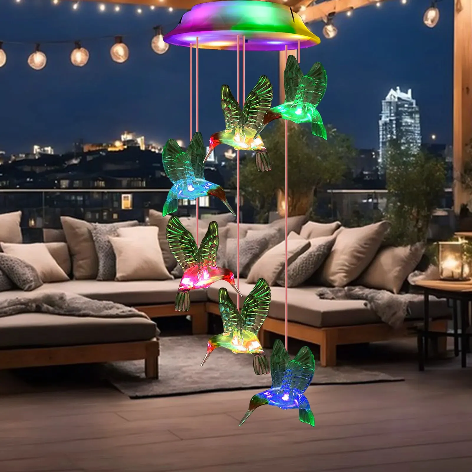 Outdoor Wind Chimes Solar Powered Waterproof and Color Changing Hummingbird for Garden Decoration Gifts