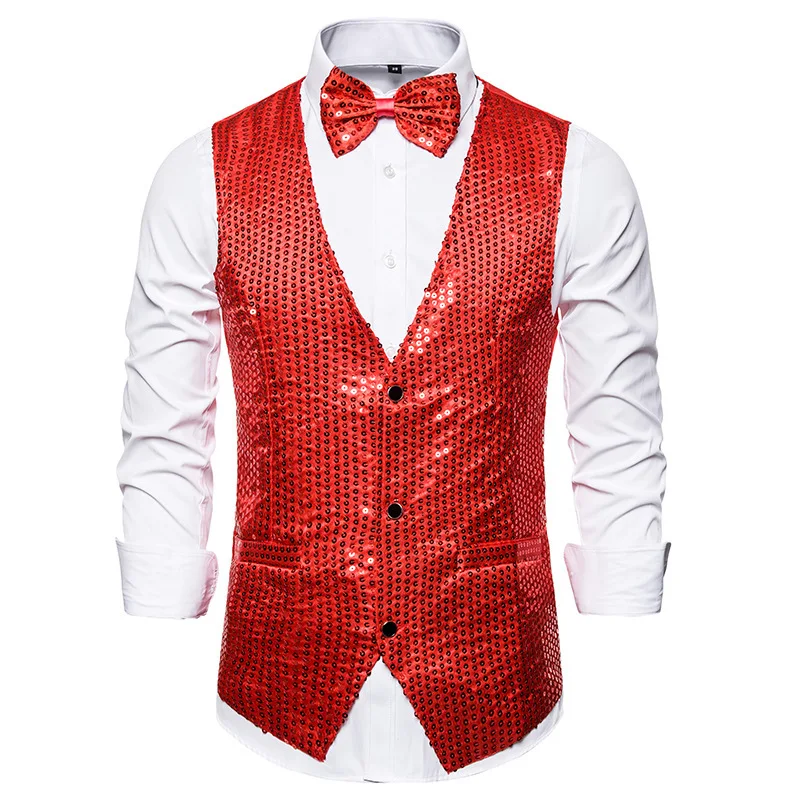 Sleeveless Vests for Men Paillette Homme Steampunk Shiny Gold Sequin 2 Pieces Mens Vest with Bowtie Party Stage Prom Waistcoat 3