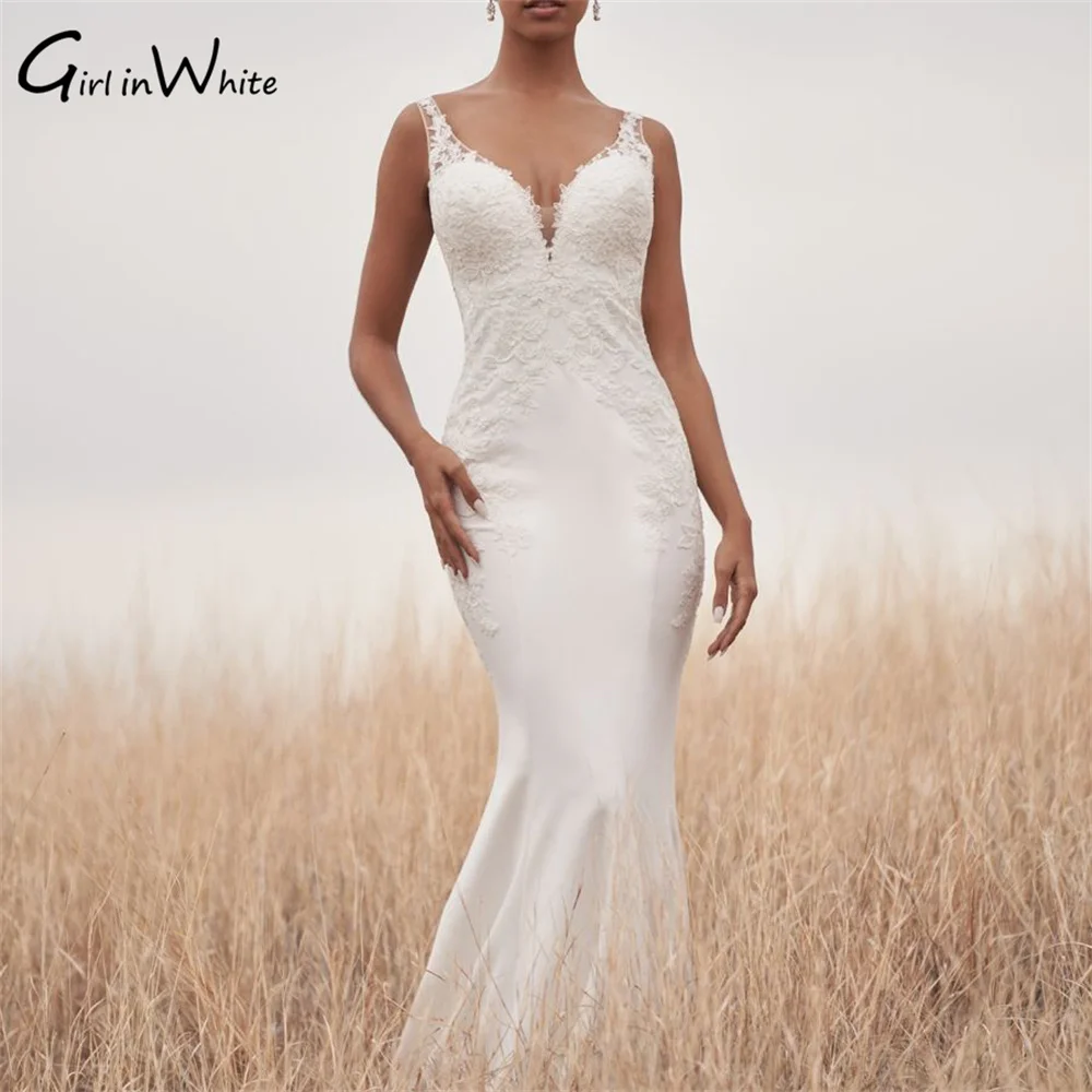 Boho V Neck Sheer Straps Wedding Dress Mermaid Satin Wedding Gown Classic Backless Dress For Bride robe de mariage nouveauté