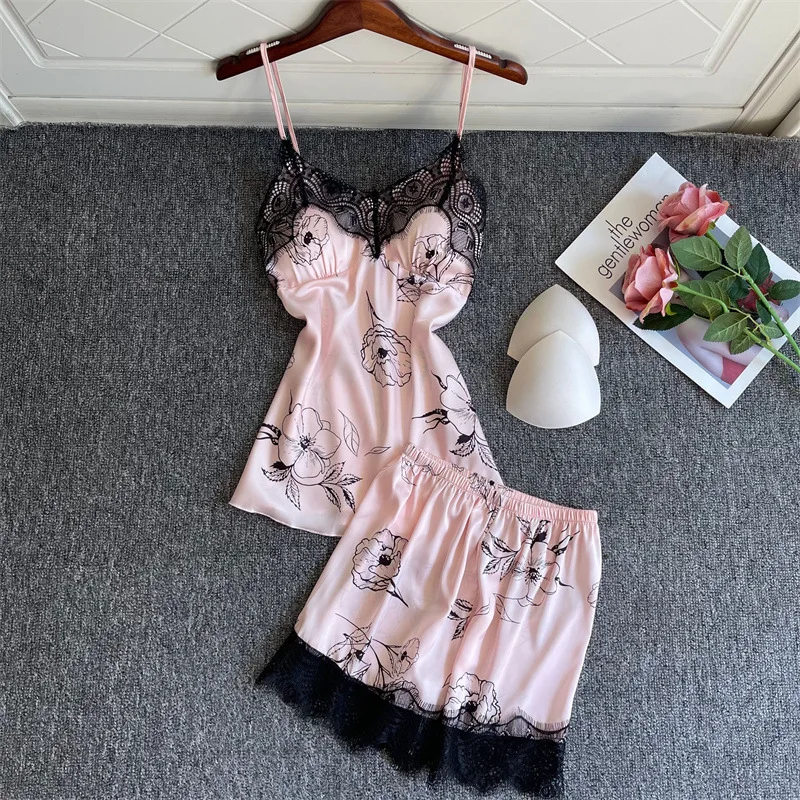 

Pink Print Rose Pajamas Set Women Satin Strap Top&Shorts Sleeveless 2PCS Sleepwear Femme Summer Pijamas Suit Home Clothes