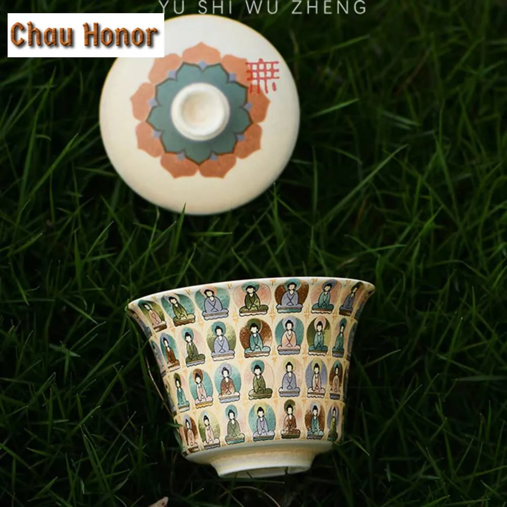 150ml Dunhuang Thousand Buddhas Ceramic Gaiwan Mural Painting Bowl with Lid Tea Tureen Tea Brewing Cover Bowl Tableware Craft