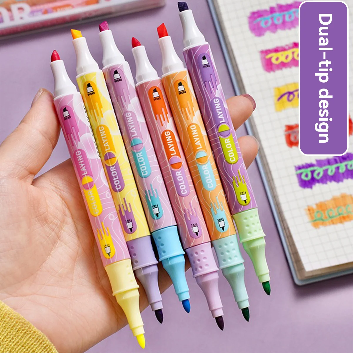 6 Packs SET Double-head Highlighter Repeatable Color Key Marks Kawaii Korean Stationery Office Culture and Education Supplies