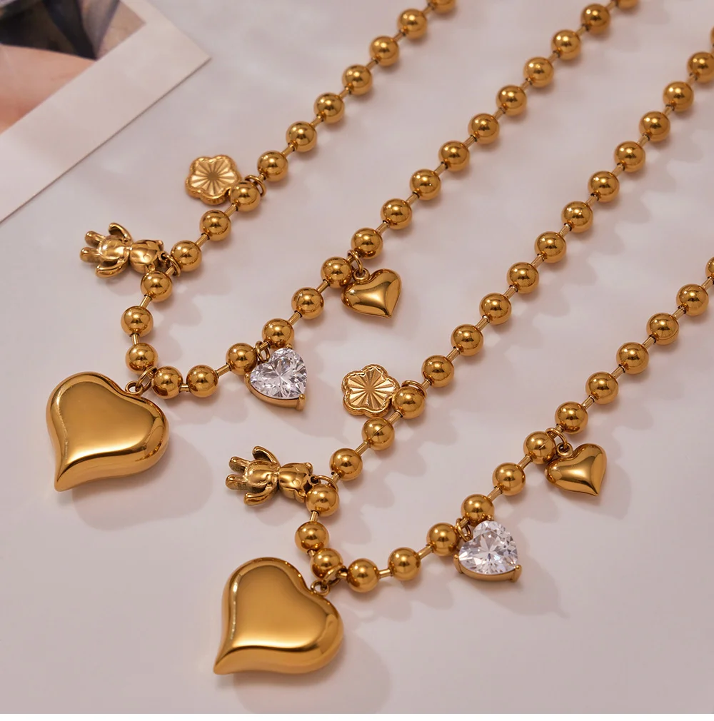 Niedliche herzförmige Zirkon-Anhänger-Halskette für Damen, Edelstahl, vergoldete Perlen, Bären-Blumen-Halskette, Luxus-Schmuck, Geschenk – Detail 9