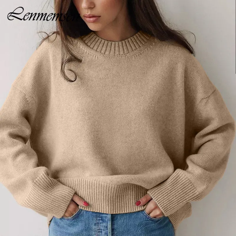 Lenmemsen Trendy Loose Knitted Sweater Women Winter Soft O-neck Long Sleeve  Solid Pullover Female Vintage All-match Basic Jumper