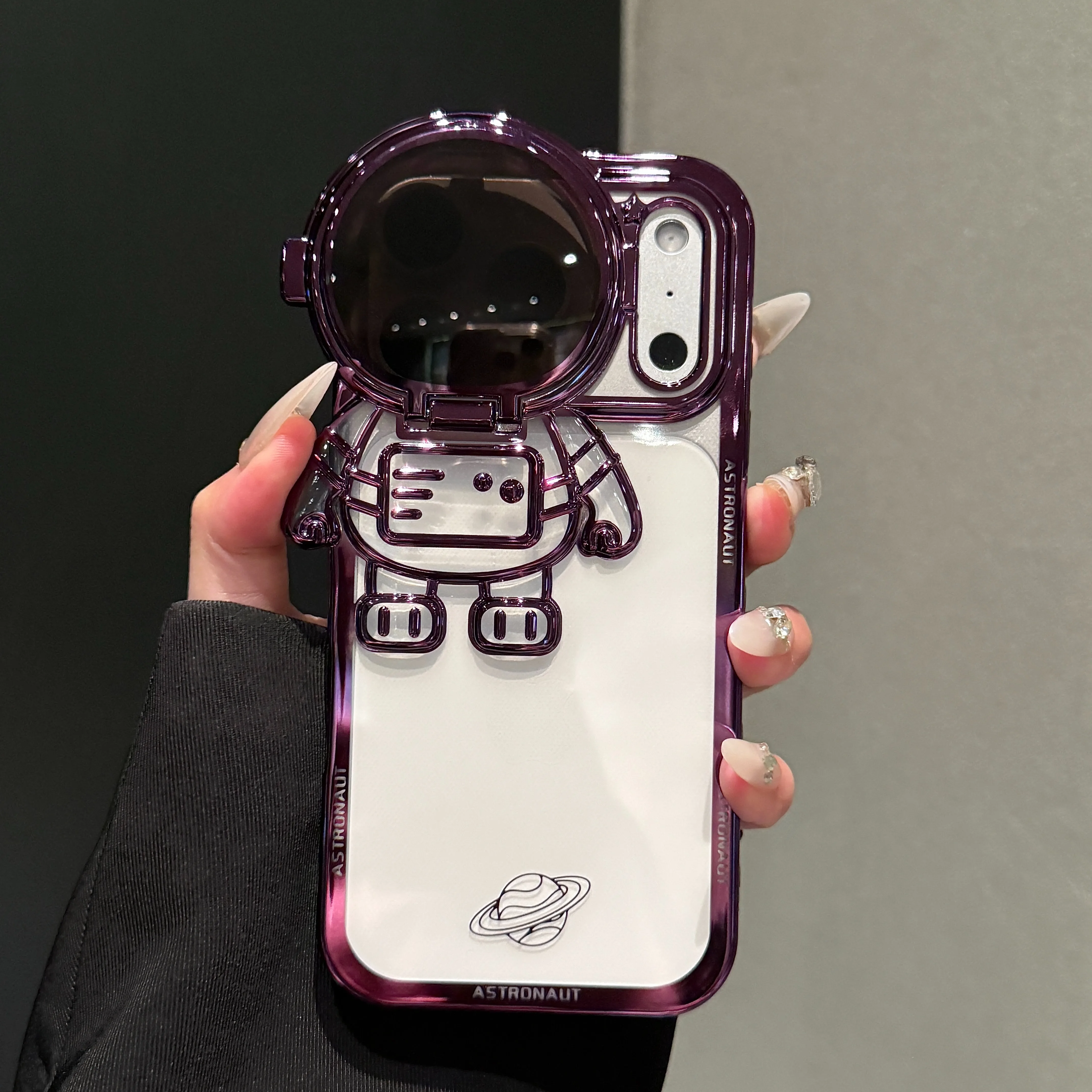 Cosmic Cartoon Electroplated Phone Case with Camera Protection and Built-in Stand