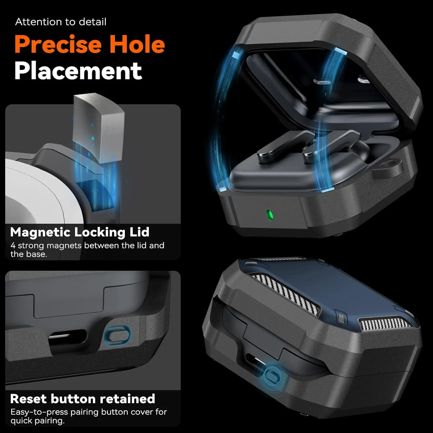 Earbuds Case with Magnetic Closure and Carbon Fiber Texture Design