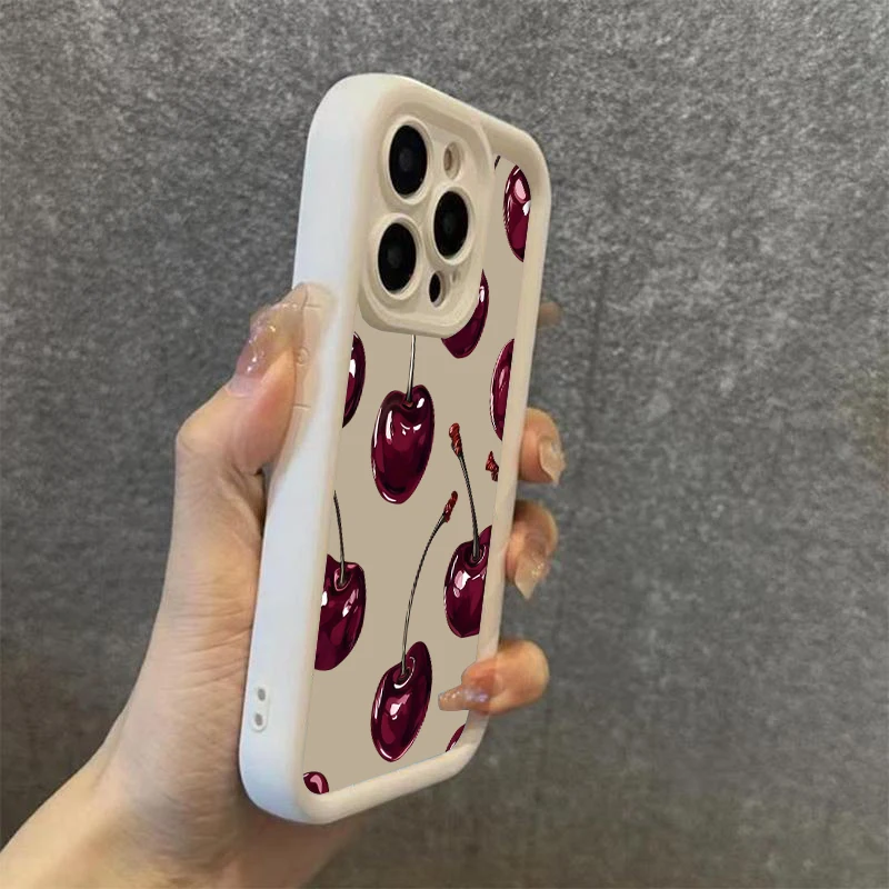Elegant Wine Red Cherry Print Silicone Phone Case - Soft, Stylish Back Cover