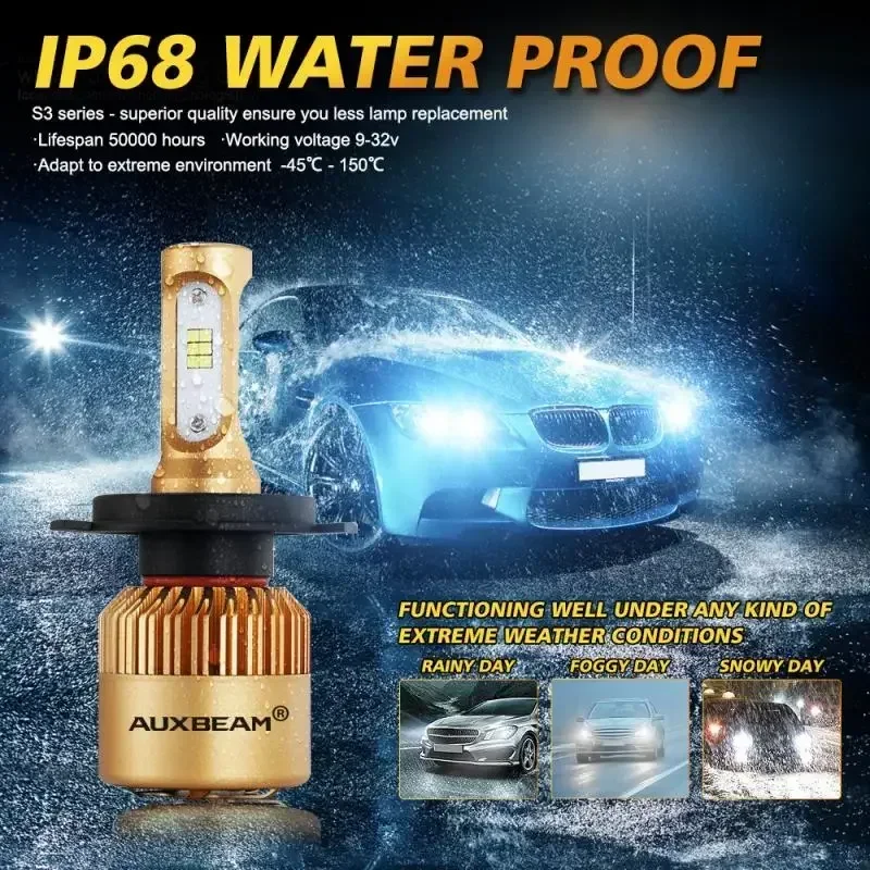 AUXBEAM S3 SERIES H11 9005 9006 9007 LED Headlight Bulbs 72W 8000lm 6500K White Auto Headlamp CSP Led Light Cooling Fan