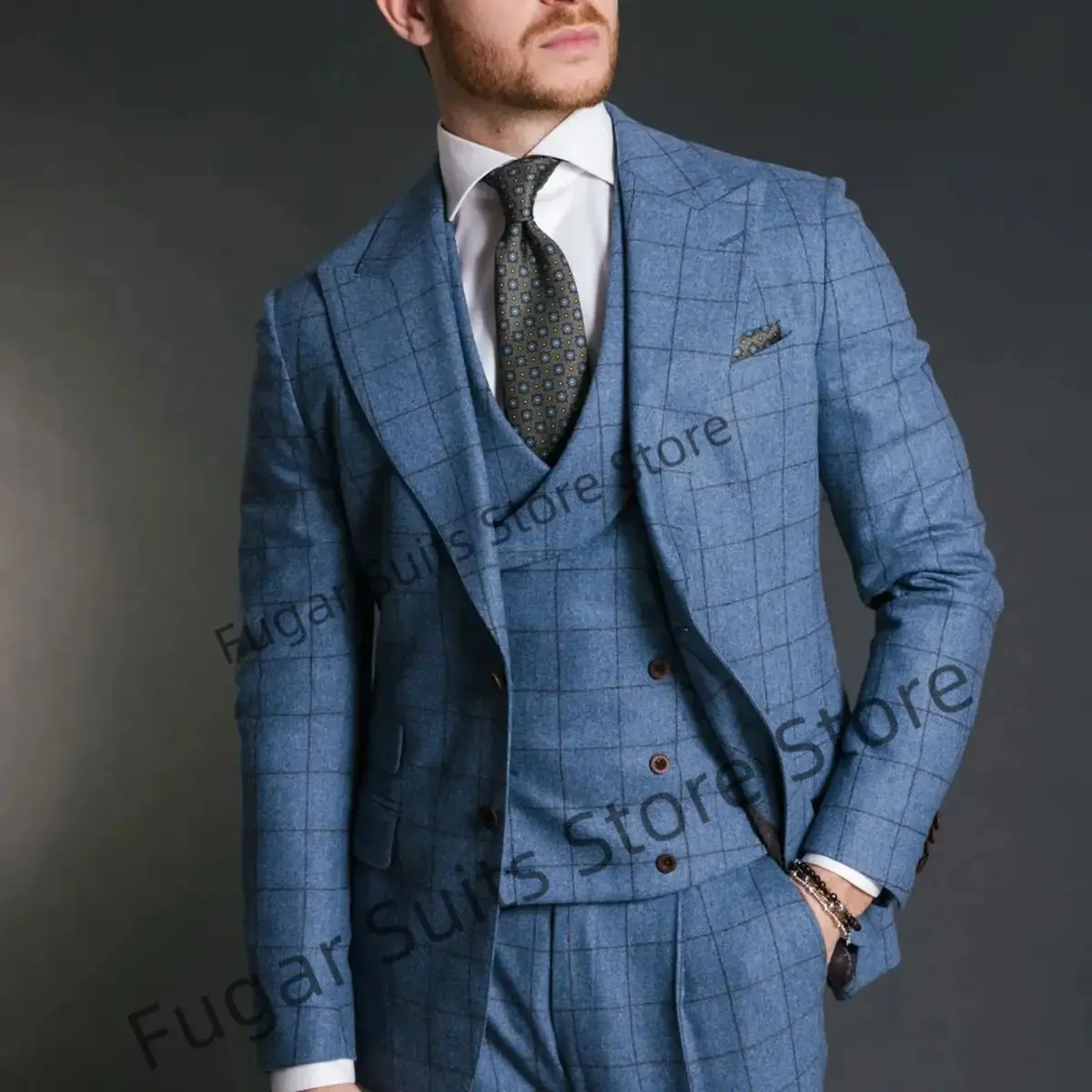 Office Work Blue Men Suits Slim Fit Double-breasted Vest Wedding Groom Tuxedos 3 Pieces Sets Business Male Blazer Costume Homme