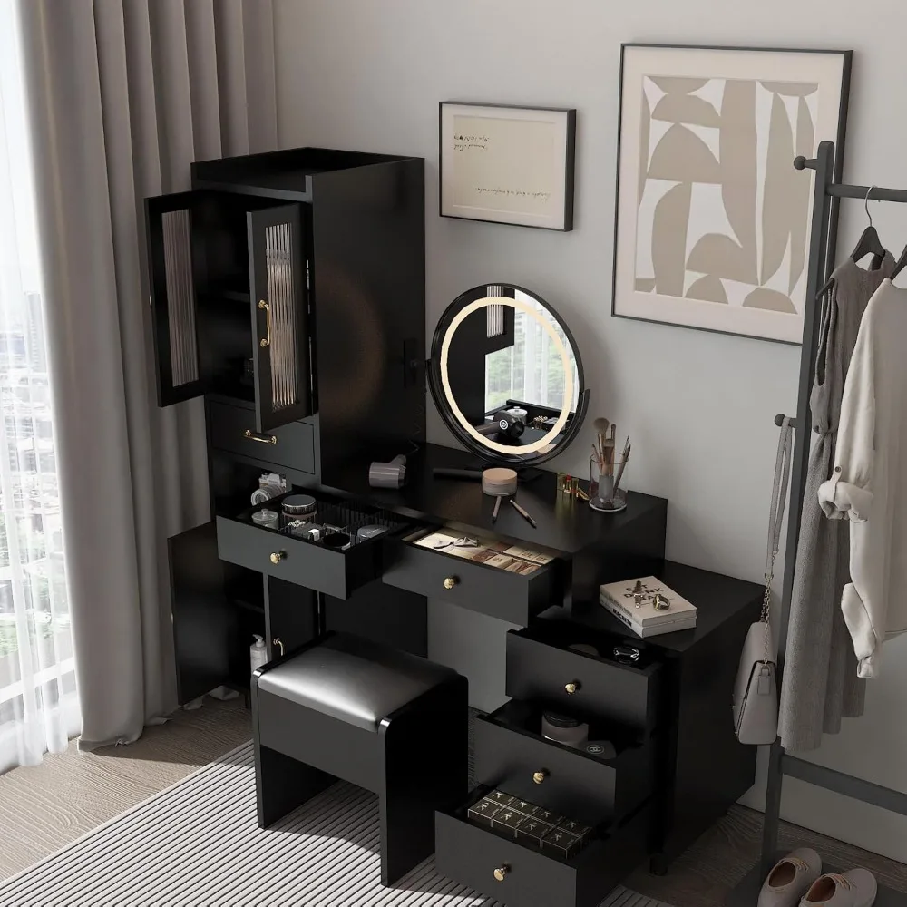 Vanity Desk with Mirror and Lights Makeup Vanity Table Set with Charging Station Black Desk with Storage Cabinet, 3