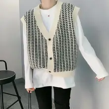 

New Women Houndstooth Loose Knitted Vest Sweater V Neck Sleeveless Thick Casual Sweater Suits Female Waistcoat Chic Tops