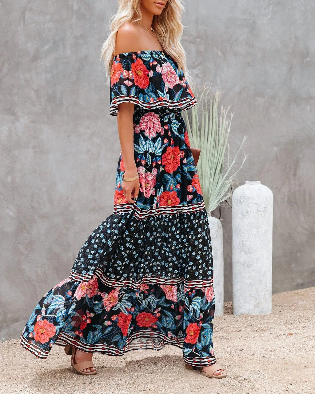 Flower Print Off Shoulder Long Dresses For Women Spring Summer New Fashion Temperament High Waist Leace-up Dress Female Vestidos 45 undefined