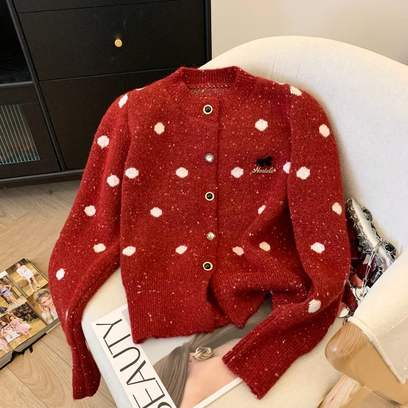 

Pearl Button Bow Sweater Cardigan Women Traf 2024 Spring Long Sleeve Slim Knitwear Dot Knitted Cardigan Top Female Sweaters Coat