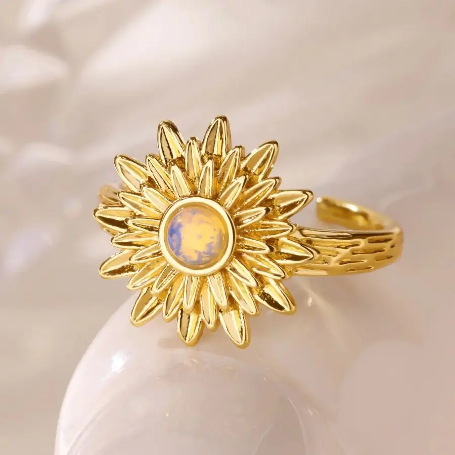 Elegant Opal Flower Ring For Women Silver Color Stainless Steel