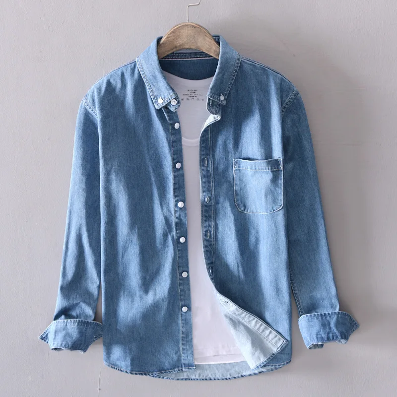 #4402 Cotton Denim Shirt Men Long Sleeve Washed Vintage Shirt For Man Spring Casual Black Blue Retro Plus Size 3XL 4XL