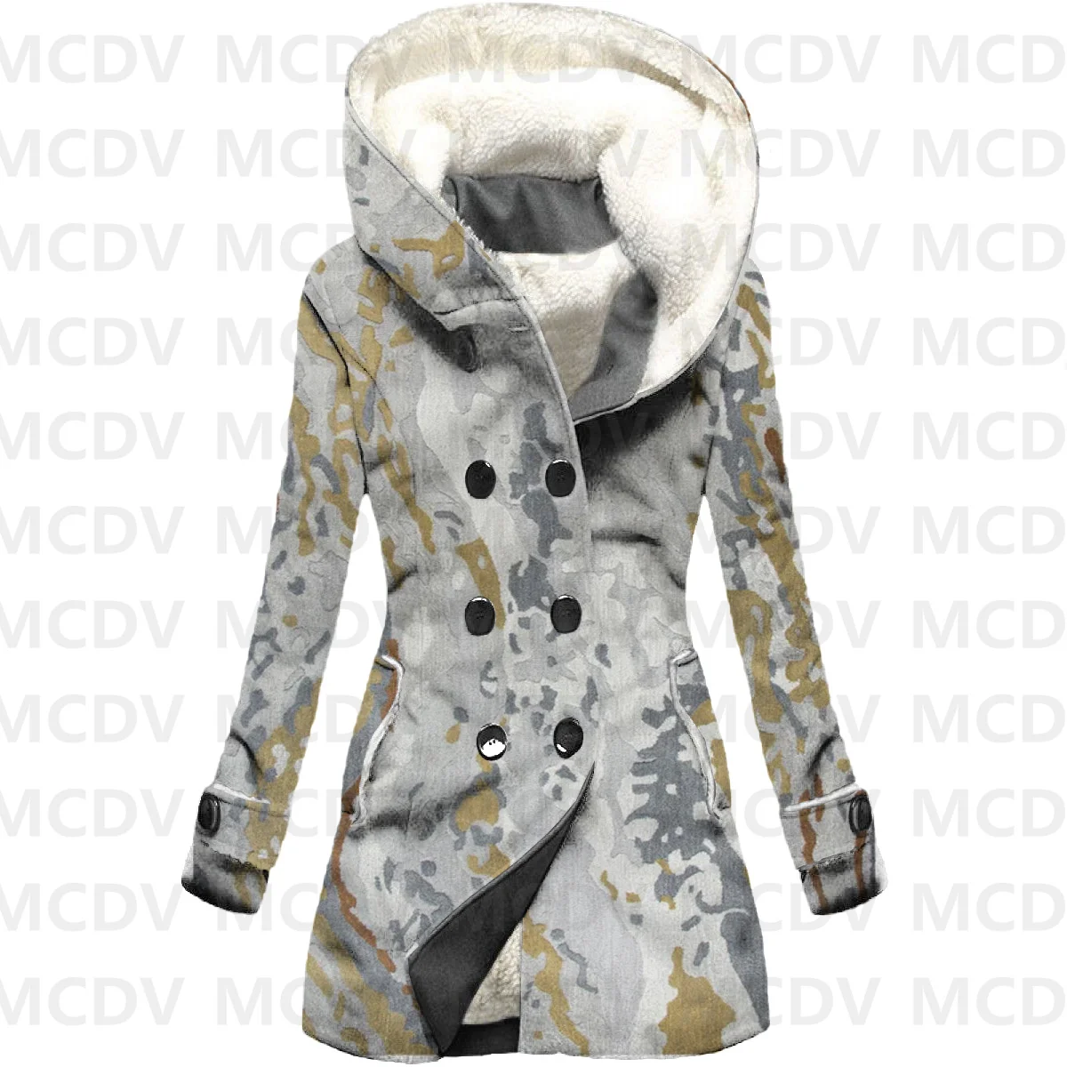 Retro Pattern Printed Fleece Hooded Cloak Women Thick Warm Coat Women's Winter Warm Overcoat Casual Clothes