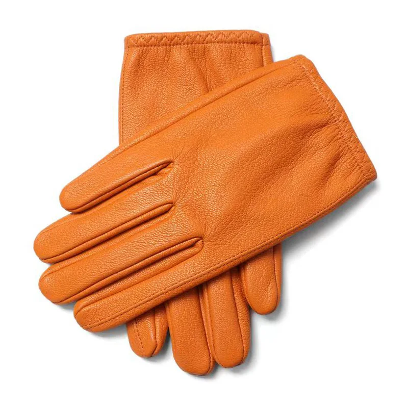 Leather Gloves For Men Winter Male Unlined Elastic Wrist Pure Sheepskin Soft Orange Luvas Arm Warmer Riding Driving Handschuhe