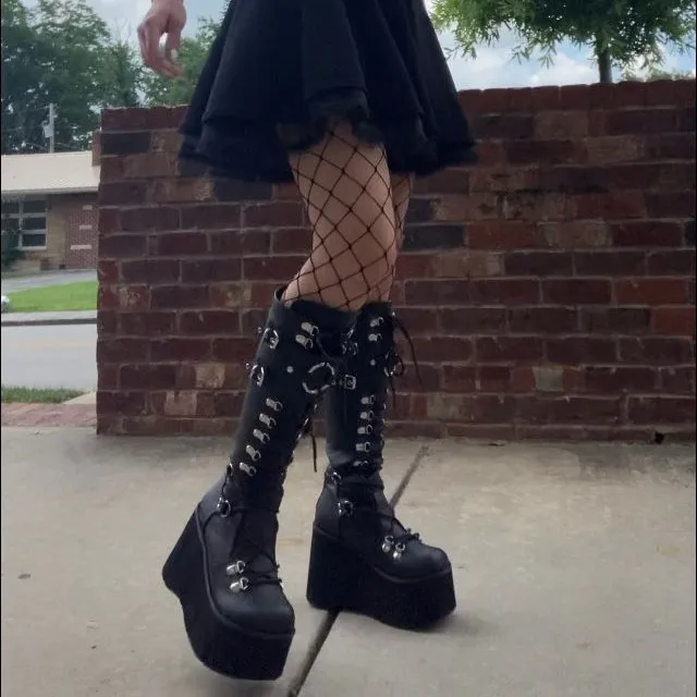 

Platform Knee Boots For Women Girls Fashion Chunky Boots Lace Up Buckle Zipper Designer Shoes 2022 Winter High Heel Punk Street