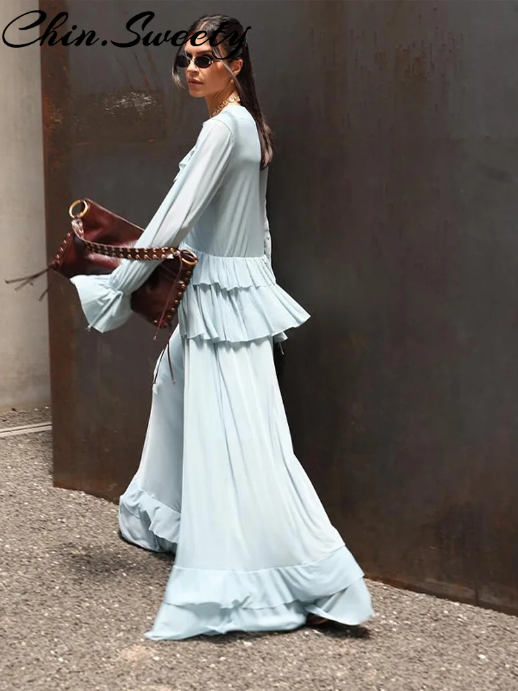 Elegant Women's Ruffle V-Neck Shirt and Pleated Skirt Set