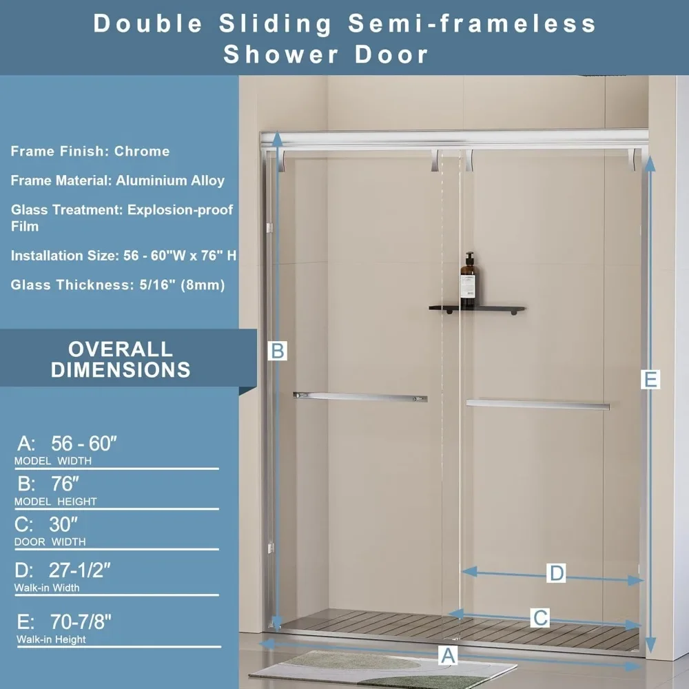 Shower Door 56-60"W Sliding Showers Doors Semi-Frameless Double Sliding with Burst Film Tempered Glass Bathroom Shower Door