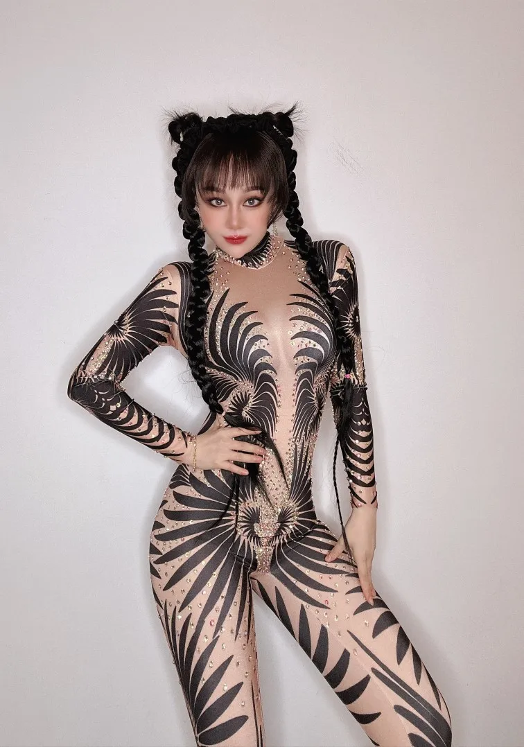 

Nightclub Dj Car Model Sexy And Fashionable Rhinestone Combo Dance Fake Flesh Piercing High Elastic Adult Performance Clothing