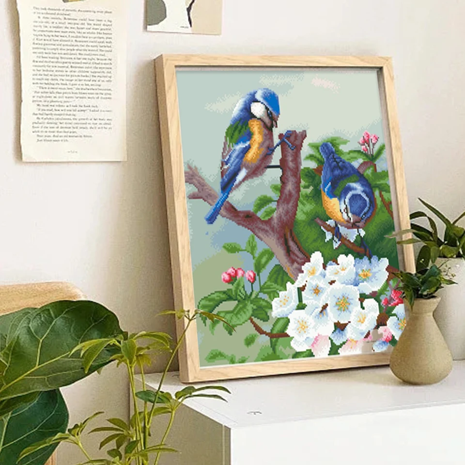 Dinglong Needlework - Quadro 5D Con Diamanti: Uccellino Su Fiore Blu, Mosaico Fai Da Te 30x30 Cm - 4