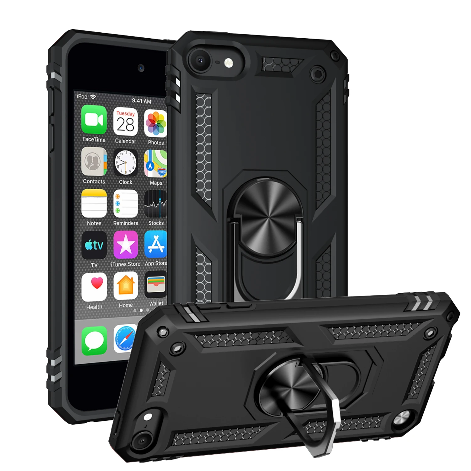 Magnetic Metal Finger Ring Holder Armor Shockproof Case with TPU Bumper and Hard PC Back Cover