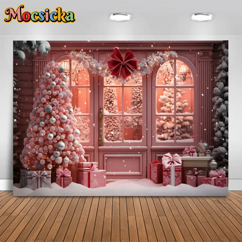 

Mocsicka xmas photography backdrop pink window scene christmas tree girl birthday party kids portrait photo booth studio