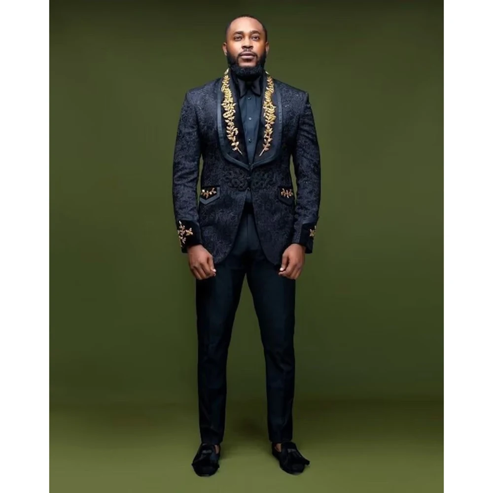 

Роскошные черные мужские костюмы, жаккардовые строгие костюмы из двух предметов, однобортные костюмы с отворотами в стиле стимпанк, мужские костюмы