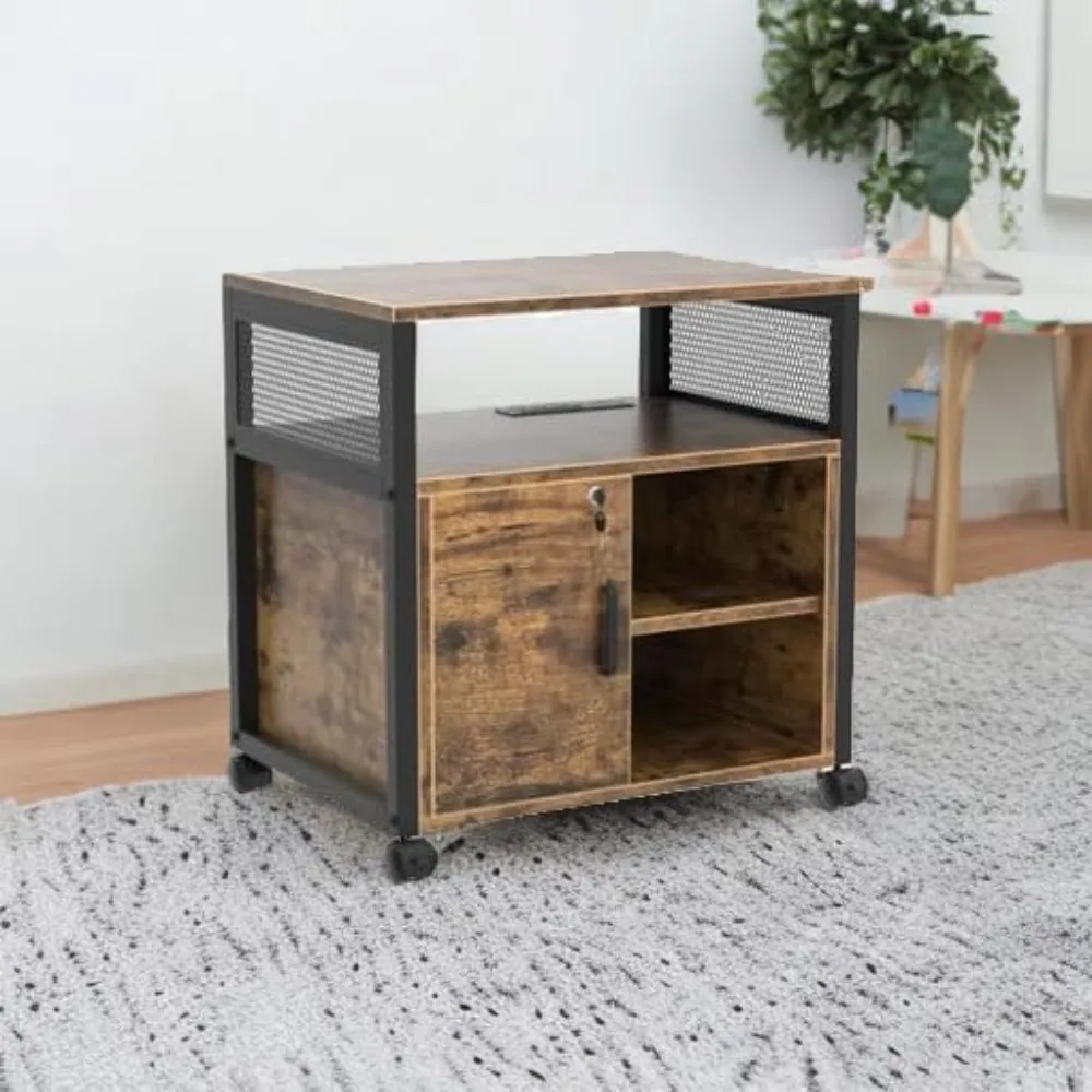 lateral file cabinet, locking office filing cabinets with socket and usb charging port, modern rolling printer stand with stora