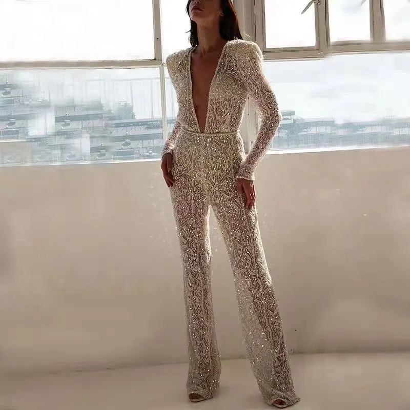The new 2022 women's sexy long-sleeved, deep-v silver sequin two-piece party dress pant jumpsuit