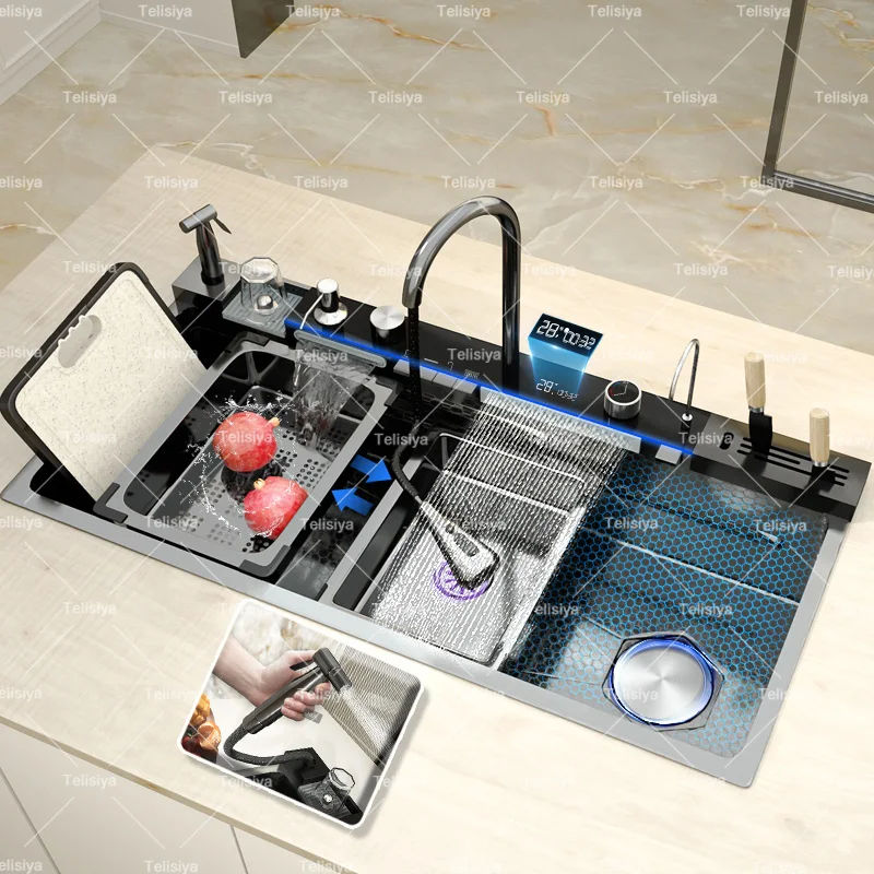 100*50CM Golden Stainless Steel Waterfall Kitchen Sink Multifunctional Single Slot Digital Display