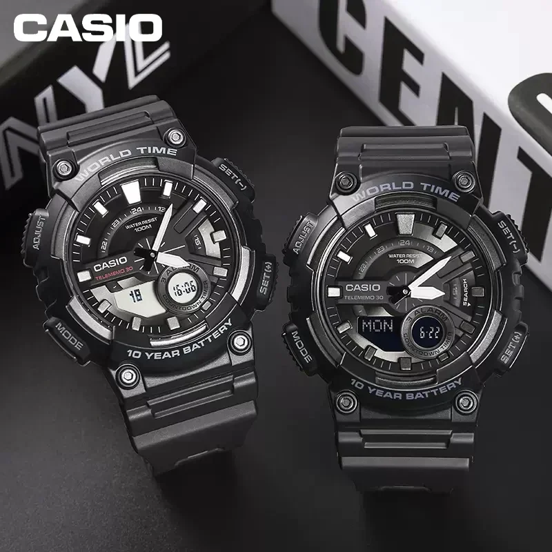 Casio-Samurai Relógio Samurai Dual Dial Masculino, AEQ-110W, Preto, Multifunções, Limite de Calendário, Star Style, Moda, Ação