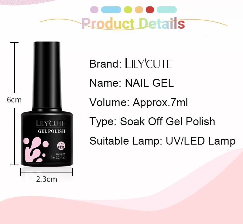 Description Picture 5 of itemLILYCUTE 7ML Champagne Gold Glitter Gel Nail Polish 184 Colors Bright Colorful Sparking Manicure Nail Art UV Gel Polish Varnish