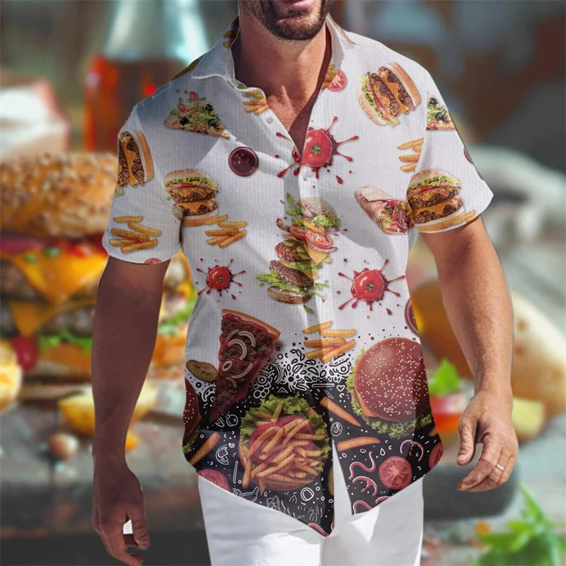 thumbnail image 1 of Camisa hawaiana con gráfico de hamburguesas y papas fritas para hombre, camisas hawaianas holgadas de manga corta con estampado 3D de comida, blusas de calle con solapa, 1 of 4