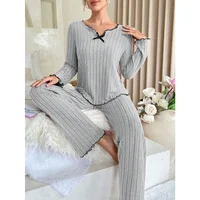 Women Autumn Winter Sleepwear Ribbed Pajamas Set Long Sleeve Top and Long Pants 2 Piece Set Casual Homewear Loungewear - Image 6