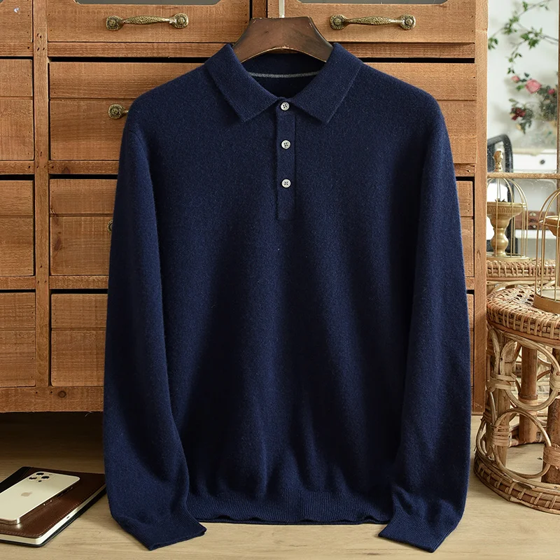 Winter men's pure cashmere sweater Solid color warm and slim fitting shirt Collar button middle-aged business casual lapel