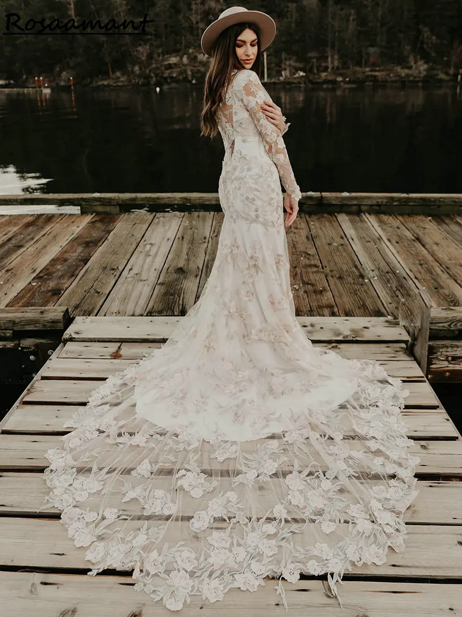 

Village Long Sleeve Illusion Back Mermaid Wedding Dresses Floral Embroidery Bridal Gowns Robe De Mariée