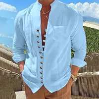 2025 Hommes nouveau coton et lin poche rétro col montant chemise à manches longues décontracté multi-boutons couleur unie rayé cardigan 2