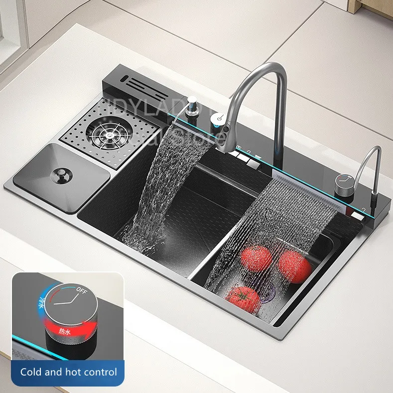 Multifunctional Kitchen Sink Steel Large Single Slot with Trash Can Waterfall Kitchen Sink Faucet Dishwashing Basin
